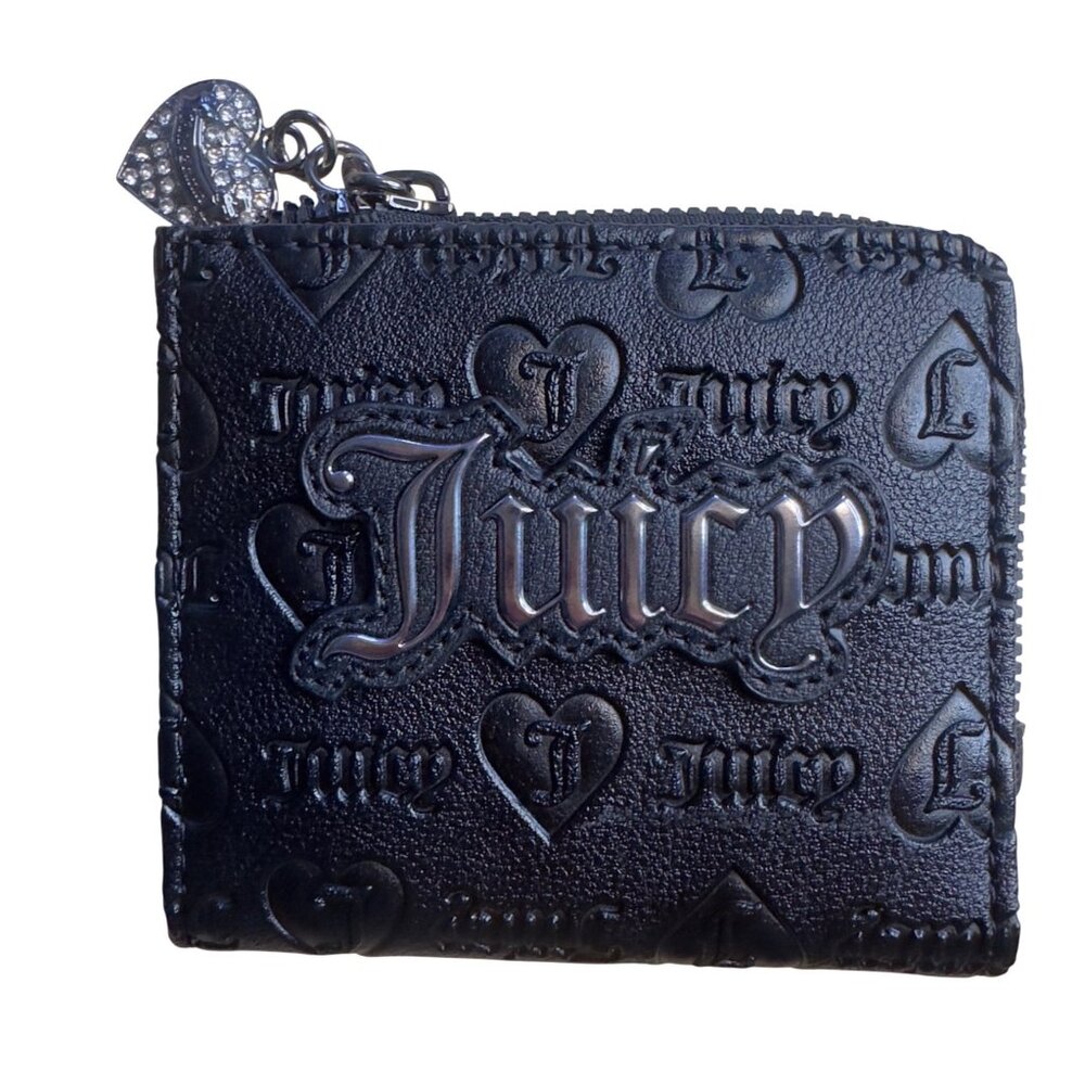 Juicy Couture Embossed Black Wallet With Rhinestone Heart Charm & ID Window